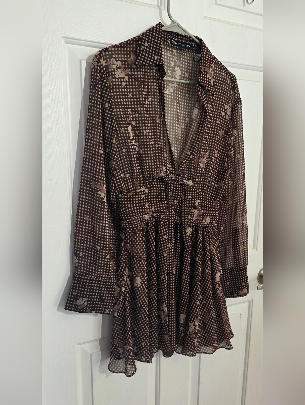 ZARA Brown Floral Gingham Long-Sleeve V-NECK A-Line Dress - Picture 12 of 16